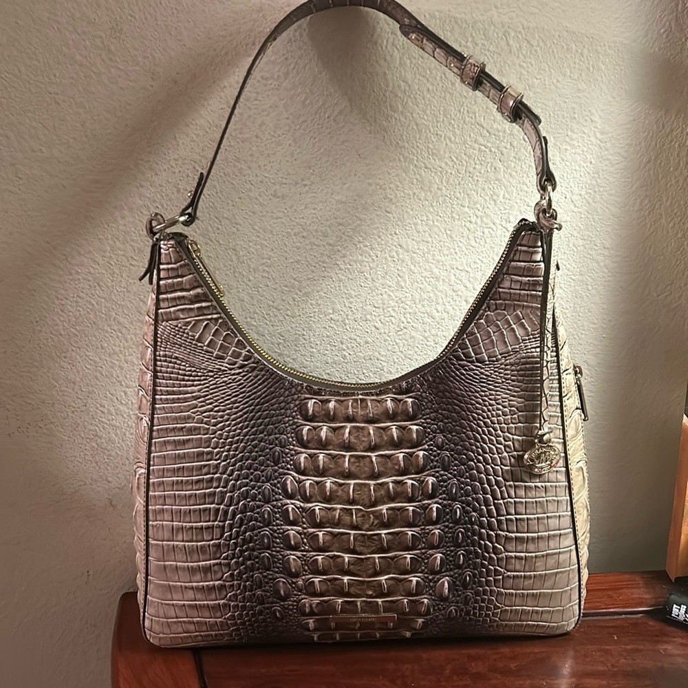 Brahmin Croc-Embossed Hobo Bag in Brown and Cream